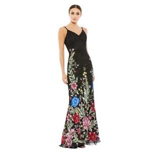 Mac Duggal NWT Floral Embellished Spaghetti Strap Gown in Black Multi Size 2